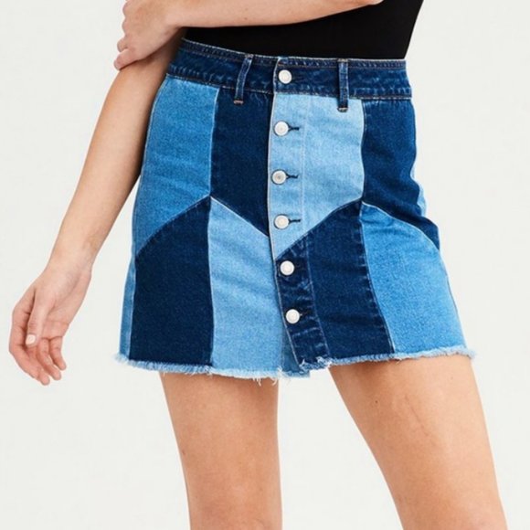 American Eagle Outfitters Patchwork Denim Mini Skirt Size 4 Vintage 70s Style - Picture 15 of 15